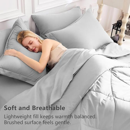 CozyLux Full Size Comforter Sets Light Grey - 7 Pieces Bed in a Bag Full, Luxury Soft Bed Set for All Seasons, Bedding Set with Down Alternative Comforter, Sheets, Pillowcases & Shams
