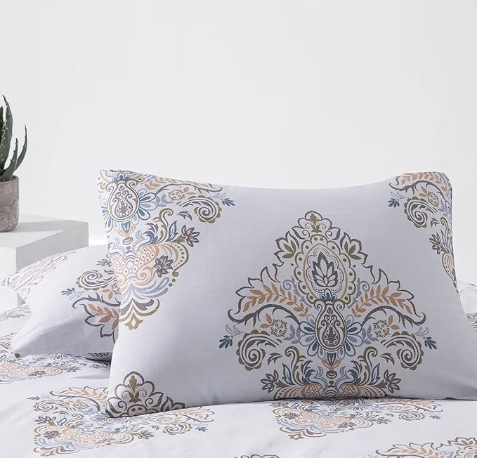 SLEEPBELLA Comforter Queen Size, 600 Thread Count Cotton Yellow & Blue Damask with Taupe Brown Reversible Pattern White Comforter Sets,Down Alternative Bedding Set 3Pcs (Queen, White Damask)
