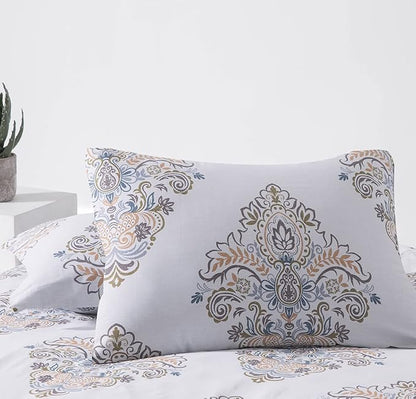 SLEEPBELLA Comforter Queen Size, 600 Thread Count Cotton Yellow & Blue Damask with Taupe Brown Reversible Pattern White Comforter Sets,Down Alternative Bedding Set 3Pcs (Queen, White Damask)