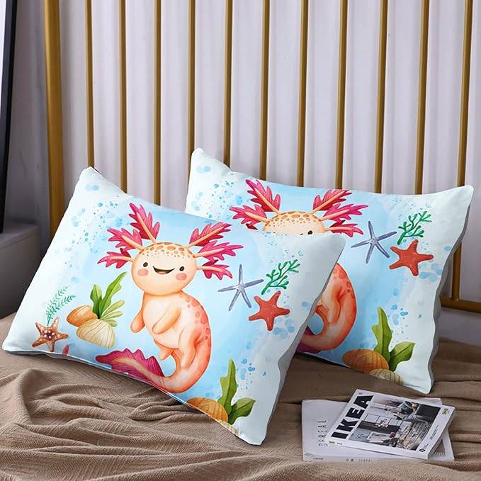 HOSIMA Axolotl Bedding Set for Kids Room Decor,Cartoon Starfish Pattern Kawaii Set,Twin Comforter Girls Child Boys,Cartoon Sea Animals Twin with 2 Pillowcase. Blue-red