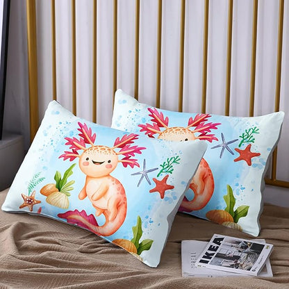 HOSIMA Axolotl Bedding Set for Kids Room Decor,Cartoon Starfish Pattern Kawaii Set,Twin Comforter Girls Child Boys,Cartoon Sea Animals Twin with 2 Pillowcase. Blue-red