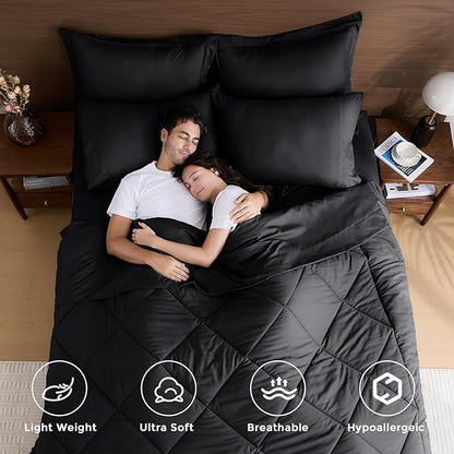 HEVUMYI Black Cali-King Comforter Set - 7-Piece All Season Bed in a Bag Cali-King, Ultra Soft Bedding Set with Comforter, Flat Sheet, Fitted Sheet, Pillowcases, Pillow Shams, Black