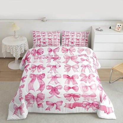 Castle Fairy Pink Bow Comforter Set King Size,Pink Grid Bedding Set 3Pcs for Kids Teens Adults Room Decor,Cute Bow Down Comforter Fashion Preppy Bedding Comforters,2 Pillowcases