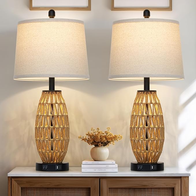 27" Rattan Table Lamps Set of 2, Boho Bedside Lamp for Bedroom with Night Light, Coastal Woven Wicker Nightstand Lamps with USB A+C Charging Port, Tall Farmhouse Living Room Lamp