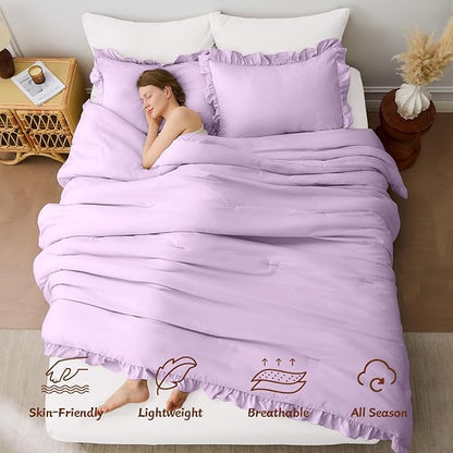 FUANNA King Size Comforter Set Lavender, 3 Pieces Ruffle King Bedding Set, Fluffy Farmhouse Bed in a Bag King with 1 Lightweight Comforter & 2 Pillowshams