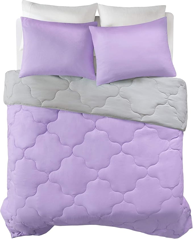 Comfort Spaces Vixie Reversible Comforter Set - Trendy Casual Geometric Quilted Cover, All Season Down Alternative Cozy Bedding, Matching Sham, Lavendar/Gray, Twin/Twin XL 2 piece
