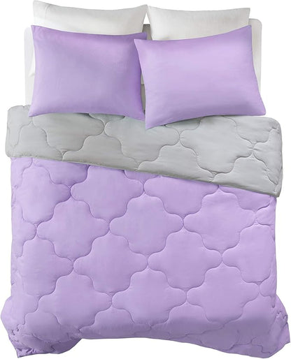 Comfort Spaces Vixie Reversible Comforter Set - Trendy Casual Geometric Quilted Cover, All Season Down Alternative Cozy Bedding, Matching Sham, Lavendar/Gray, Twin/Twin XL 2 piece