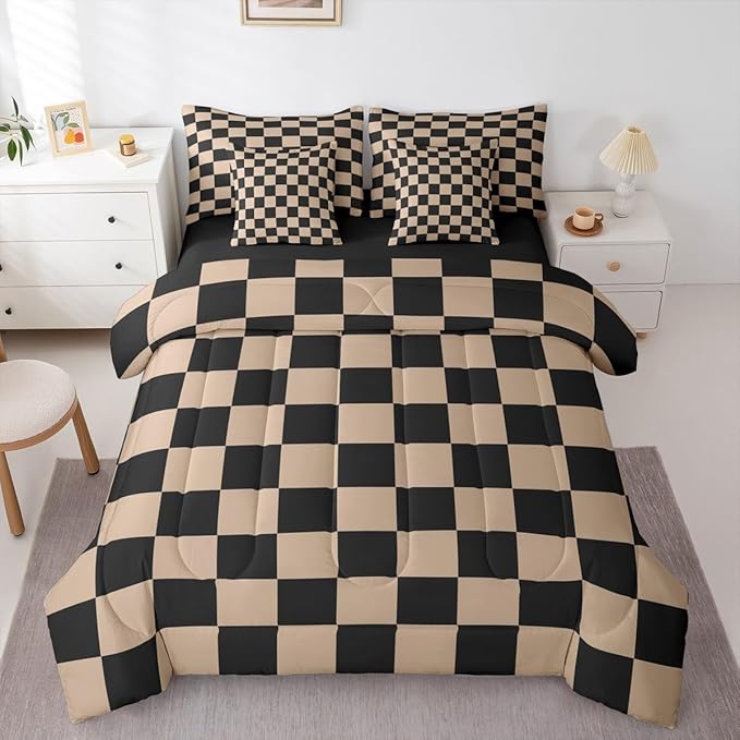 Feelyou Checkered Retro Comforter Set with Sheets 7 Piece King Size Brown Plaid Bed in a Bag Kids Boys Girls Geometric Vintage Bedding Set Modern Simple Groovy Aesthetic Bedroom Decor Breathable Soft