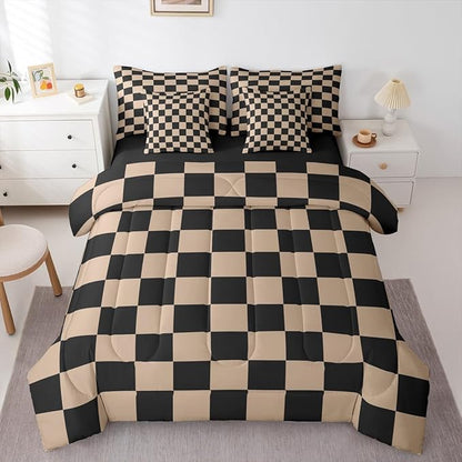 Feelyou Checkered Retro Comforter Set with Sheets 7 Piece King Size Brown Plaid Bed in a Bag Kids Boys Girls Geometric Vintage Bedding Set Modern Simple Groovy Aesthetic Bedroom Decor Breathable Soft