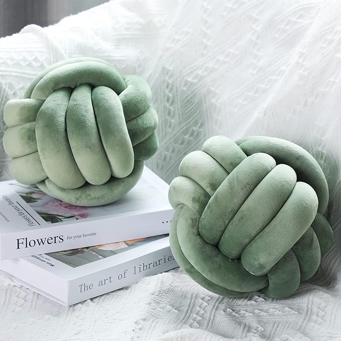 Namalu 2 Pcs Soft Knot Pillow Ball, Decorative Round Throw Knotted Pillows Cushion, Handmade Stuffed Ball Pillows for Winter Bedroom Sofa Couch Home Decor(10.6 Inches,Dark Green)