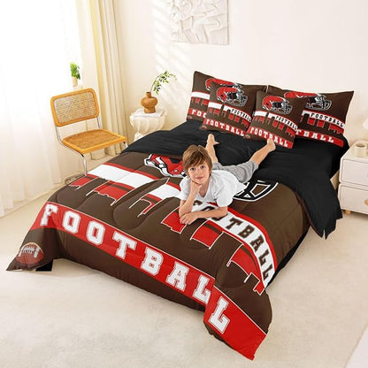 Erosebridal Football City 7 Pcs Comforter Set King Football Bedding for Boys Girls Brown Red Rugby Game Sheet Set Bed in A Bag Football Fans Bedroom Decor Sports Ball Team Quilt