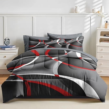Nesker 7 Pcs Comforter Set Full Size, Modern Gray Black Red Swirls Bedding Set for Kids and Adults, Stripes Circle Lines Geometric Bed Sheet Sets with Fitted Sheet 2 Pillowcases & 2 Shams