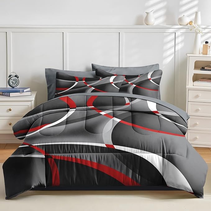 Nesker 7 Pcs Comforter Set Queen Size, Modern Gray Black Red Swirls Bedding Set for Kids and Adults, Stripes Circle Lines Geometric Sheets Bed Sheet Sets with Fitted Sheet 2 Pillowcases & 2 Shams