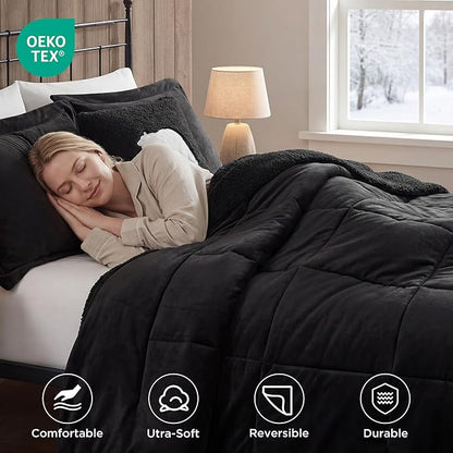 Woolrich Reversible Comforter Set Ultra Soft Plush to Sherpa, Down Alternative, Cold Weather Winter Warm Bedding, with Matching Sham, Decorative Pillow Black/Black King 4 Piece