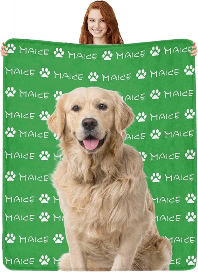 Custom Pet Name Blanket Personalized Dog Memory Blankets with Photos Customized Puppy Blanket for Large Medium Small Dog, Dog Gift for Dog Lovers Mom Dad Cute Dog Cat Paw Prints