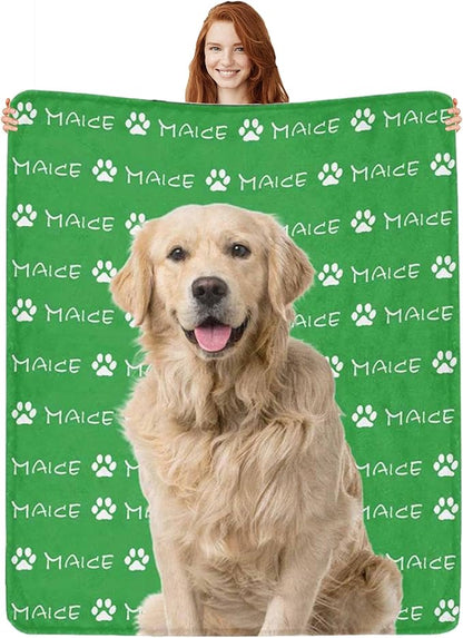 Custom Pet Name Blanket Personalized Dog Memory Blankets with Photos Customized Puppy Blanket for Large Medium Small Dog, Dog Gift for Dog Lovers Mom Dad Cute Dog Cat Paw Prints