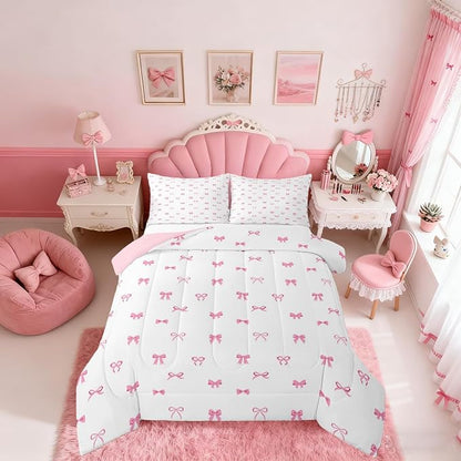Erosebridal Bowknot Queen Comforter Set for Girls, Pink Bow Bedding, Ribbon Bow Knot Comforter for Teens Kids Women Bedroom Decor Coquette Princess Bowtie Quilt Bed Set Soft 2 Pillowcases, All Season