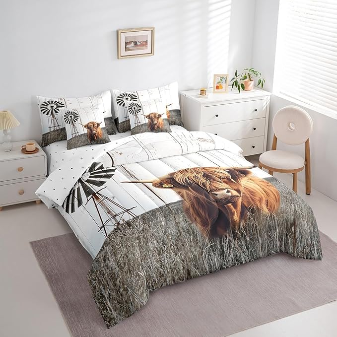 Erosebridal King Size Farmhouse Highland Cow Comforter Sets with Sheets 7Pcs Rustic Windmill Comforter Set Bed-in-a-Bag(1 Comforter, 1 Flat Sheet 1 Fitted Sheet 2 Pillowcases 2 Throw Pillow Covers)