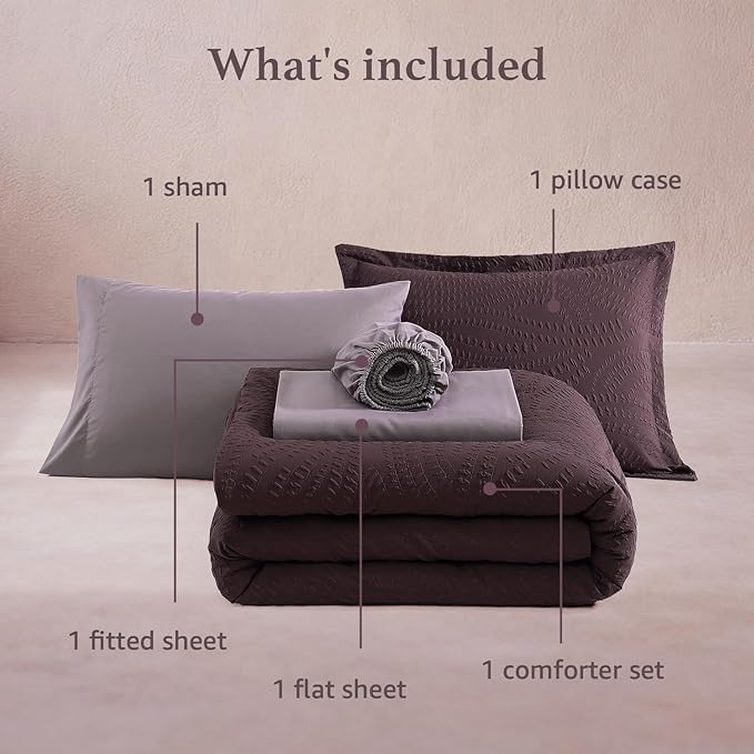 Geniospin Full Size Comforter Set - 7 Pieces Purple Bedding Set, Botanical Textured Comforter Set, All Season Comfortable Bed in a Bag with Comforter, Sheets, Pillowcases & Shams