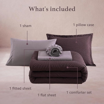 Geniospin Full Size Comforter Set - 7 Pieces Purple Bedding Set, Botanical Textured Comforter Set, All Season Comfortable Bed in a Bag with Comforter, Sheets, Pillowcases & Shams