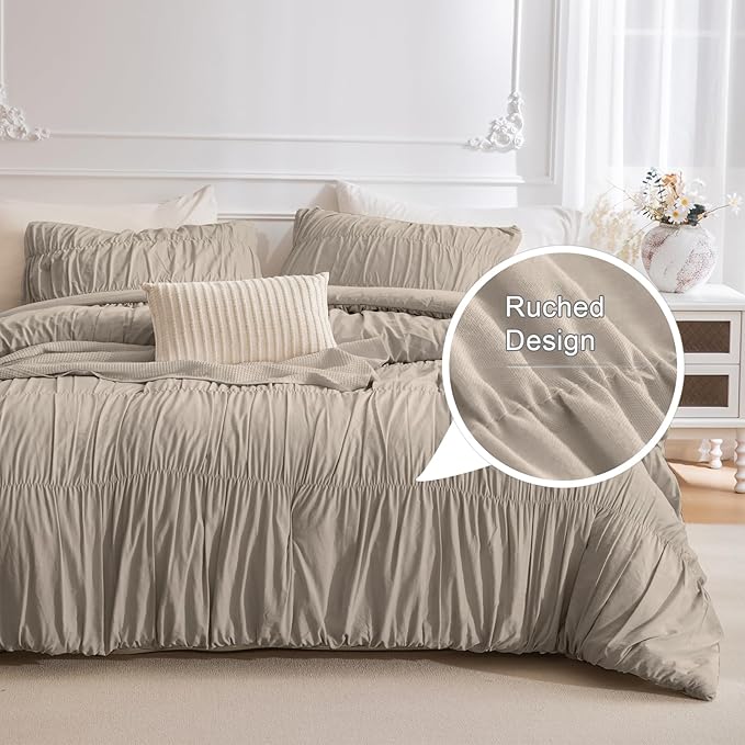 Masaca Oversized King Comforter(120"x98"),Ruched Ruffle California King Comforter Set,3 Pieces Lightweight Linen Color Extra Large Farmhouse Shabby Boho Chic French Country Rustic Bedding Set