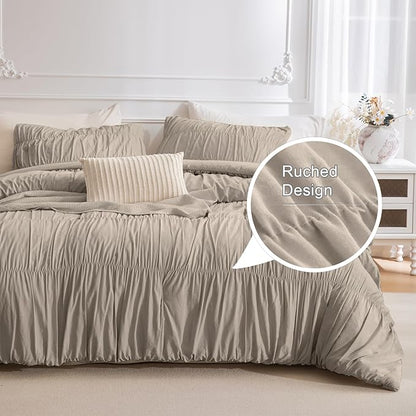 Masaca 120x120 Oversized Comforter King Size,Linen Like Textured Ruched California King Bed Comforter Set Soft Lightweight Fluffy Ruffle Farmhouse Shabby Bedding Set 3PCS