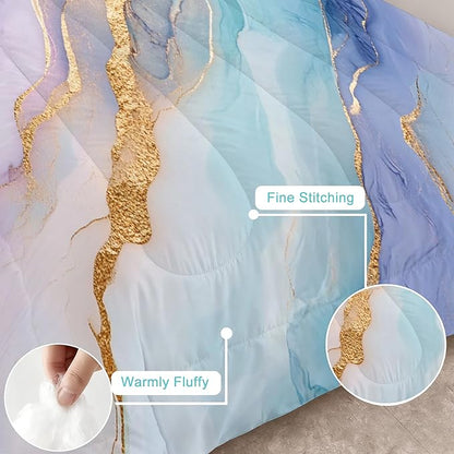 Marble Comforter Sets Full Size for Kids Women Watercolor Bedding Set Luxury Marbling Texture Bed Set for Bedroom Decor Soft Purple Green Blue Gold Quilt Set with 1 Comforter + 2 Pillowcases