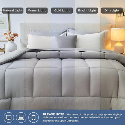 Sasttie Oversized King Comforter Set, 7 Pieces Reversible Bed in a Bag, Complete Bedding Set Includes 120''x98'' Comforter, Flat Sheet, Fitted Sheet, Pillowcases and Pillow Shams, Ivory & Light Grey