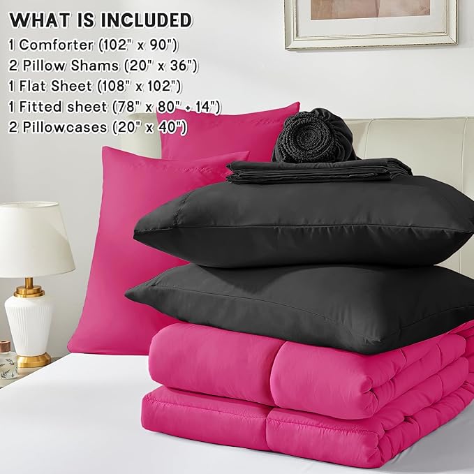 Anluoer King Comforter Set,Hot Pink&Black Bed in a Bag 7 Piece,Lightweight Bedding Set with Soft Down Alternative Fill,Bed Set Includes Comforter, Fitted Sheet, Flat Sheet,Pillowcases and Shams