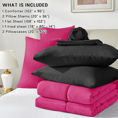 Anluoer King Comforter Set,Hot Pink&Black Bed in a Bag 7 Piece,Lightweight Bedding Set with Soft Down Alternative Fill,Bed Set Includes Comforter, Fitted Sheet, Flat Sheet,Pillowcases and Shams