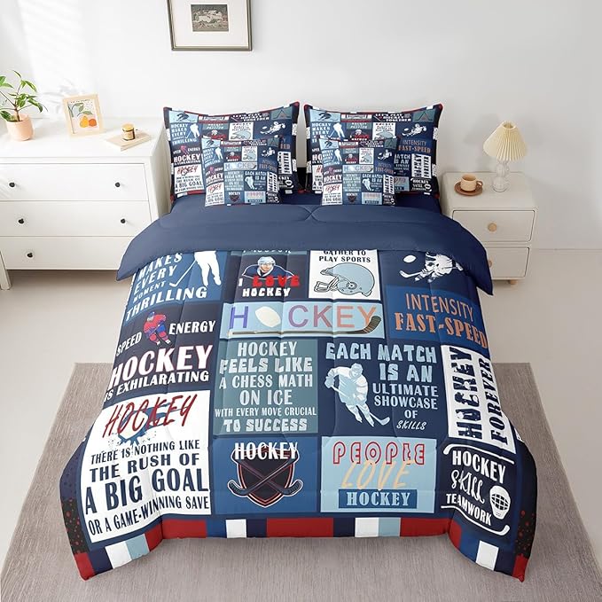 Erosebridal Kids 7 Pcs Teal Patchwork Bed in a Bag Queen Comforter Set,Ice Hockey Sheet Set for Boys Teens Men,Navy Blue Sports Game Bedding with Comforter,Vintage Geometric Striped Quilt Cover