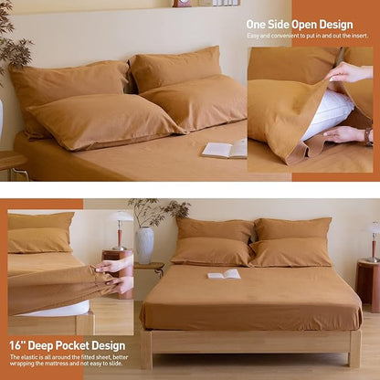 Simple&Opulence Belgian Linen Sheet Set Solid Color - 6 Pieces (1 Flat Sheet & 1 Fitted Sheet & 4 Pillowcases) 16" Deep Pocket Natural Flax Cotton Blended Soft Bedding - Rust, Queen Size