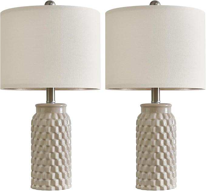 20.5" Set of 2 Bedside Table Lamps Modern Cream Honeycomb Ceramic - Linen Shade, E26 Knob Switch for Living Room, Bedroom & Nightstand