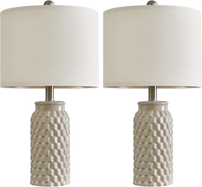 20.5" Set of 2 Bedside Table Lamps Modern Cream Honeycomb Ceramic - Linen Shade, E26 Knob Switch for Living Room, Bedroom & Nightstand