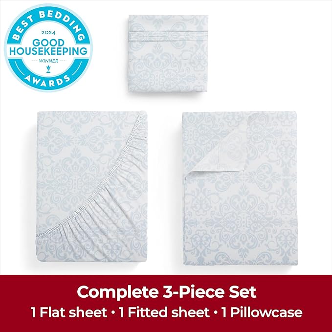 Mellanni Twin XL Sheets Set - 3 PC Iconic Collection Bedding - Hotel Luxury, Extra Soft, Cooling Bed Sheets - Wrinkle, Fade, Stain Resistant (Twin Extra Long, Laced Sky Blue)