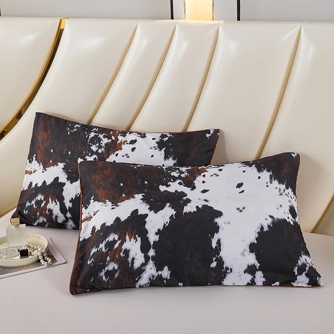 PERFEMET Queen Comforter Set 3 Pieces Cow Print Bedding Set Western Farmhouse Rustic Bed Comforter Set Black White Brown Cowhide Quilt Set