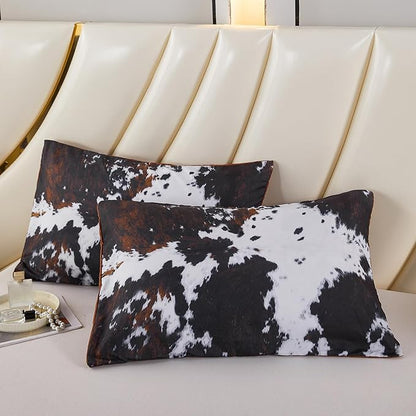 PERFEMET Queen Comforter Set 3 Pieces Cow Print Bedding Set Western Farmhouse Rustic Bed Comforter Set Black White Brown Cowhide Quilt Set
