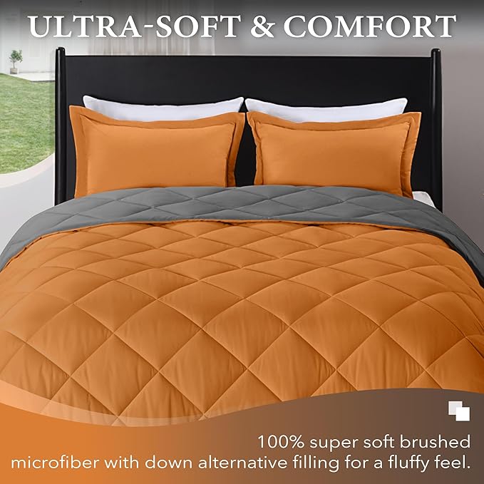 downluxe Twin Comforter Set - Burnt Orange and Grey Twin Comforter, Soft Bedding Sets for All Seasons -2 Pieces - 1 Comforter (66"x92") and 1 Pillow Sham(20"x26")