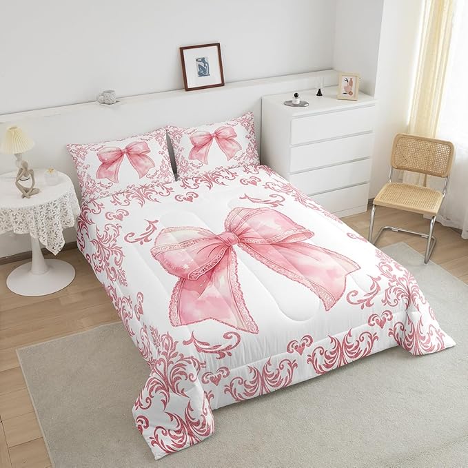 jejeloiu Girls Pretty Ribbon Pink Bow Bedding Set Queen Size Pink Damask Comforter Set for Kids Women Cute Bow Duvet Set Princess Quilt Set 3Pcs