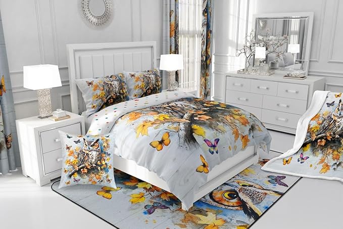 Fall Owl Kids Comforter Set Full Size,Retro Fallen Maple Leaves Bedding Set,Boys Girls Men Room Decor,Jugnle Wild Birds Down Comforter,Autumn Butterfly Duvet Insert,2 Pillowcases