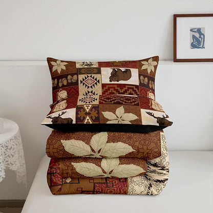 Buffalo Plaid Comforter Set Cabin Decor,Bear Elk Deer Wild Animal Bedding Sets Fall Leaves Pine Cones Duvet Insert Wildlife Hunting Theme Quilt Patchwork Bohemian Floral Down Comforter,Queen 3Pcs