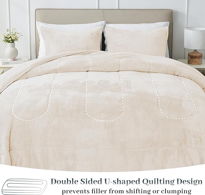 YIYEA Fluffy Queen Size Comforter Set, Luxury Faux Fur Comforter, Ultra Soft Plush Fuzzy Velvet Bedding Comforter Sets for Fall Winter, Cozy Warmth, No Shedding, 3PC, Queen, Ivory