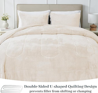 YIYEA Fluffy Queen Size Comforter Set, Luxury Faux Fur Comforter, Ultra Soft Plush Fuzzy Velvet Bedding Comforter Sets for Fall Winter, Cozy Warmth, No Shedding, 3PC, Queen, Ivory