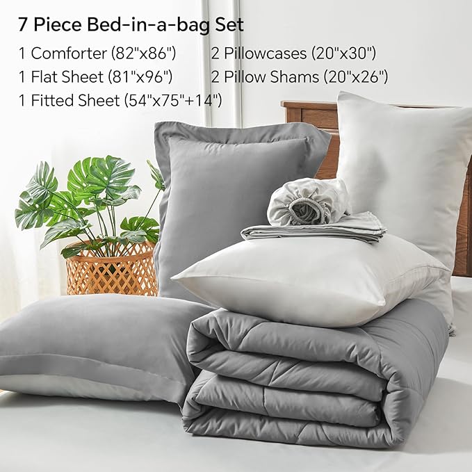 BEDELITE Full Comforter Set 7 Pieces Bed in A Bag - Soft Microfiber Reversible Grey Bed Set with Comforters, Sheets, Pillowcases & Shams, Cozy Luxury Bedding Sets for All Season