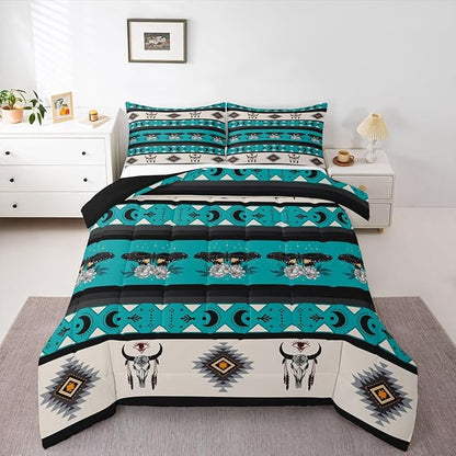 Erosebridal Exotic Moth Queen Comforter Set Bull Skull Quilt for Kids Child Boys Girls,Western Boho Bedding Set Geometric Aztec Decor Western Duvet Insert,Tribe Arrow Bohemian Room Decor Teal Blue