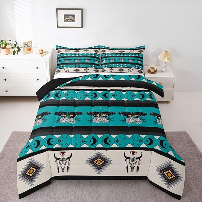 Erosebridal Boho Moth Bedding Set Bull Skull Comforter Set for Kids Child Boys Girls,Sun and Moon Southwestern Quilt Geometric Aztec Decor Western Duvet Insert King,Bohemian Room Decor Teal Blue