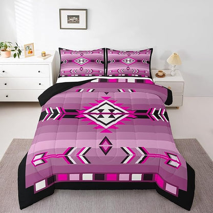 Erosebridal Western Aztec Quilt Set Pink Black Boho Comforter Set Toddler for Kids Girls Adults Women,American Native Southwestern Bedding Sets Ethnic Exotic Tribal Geometric Bed Set 2 Pcs
