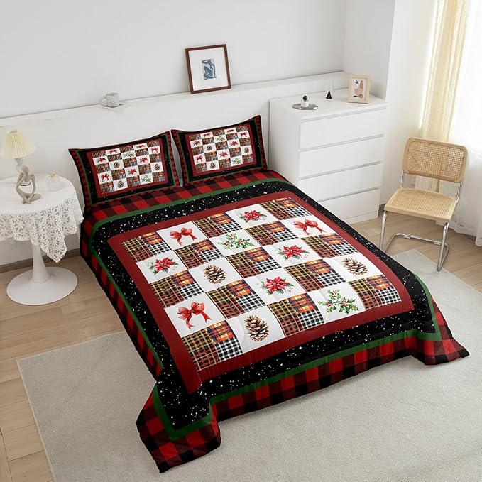 Merry Christmas Comforter Set Full Size,Red Black Checkered Patchwork Bedding Set for Kids Teens Women Men Room Decor,Christmas Tree Pinecone Bowknots Quilt Set Retro Plaid Duvet Insert 3Pcs