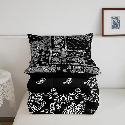 Manfei Paisley Comforter Set King Size, Boho Style Jacquard Paisley Flower Bedding Set 3pcs, Black and White Floral Print Down Comforter, Kids Teens Women Room Decor, 2 Pillowcases, No Sheets