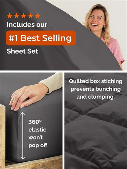 Twin XL Comforter Set - 2 Piece Bed Set for All Seasons - 1 Soft Quilted Comforter w/ Corner Tabs & 1 Pillow Sham - Comfy & Breathable - Premium Down Duvet Insert - Oeko-TEX - Twin XL Size, Dark Grey